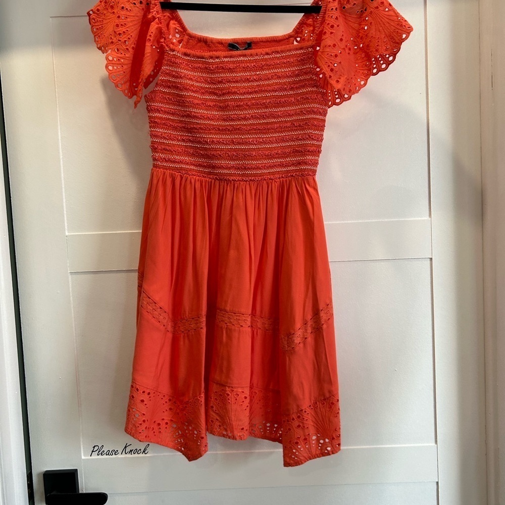 Shore Orange ruffle sleeve emroidered coral Dress